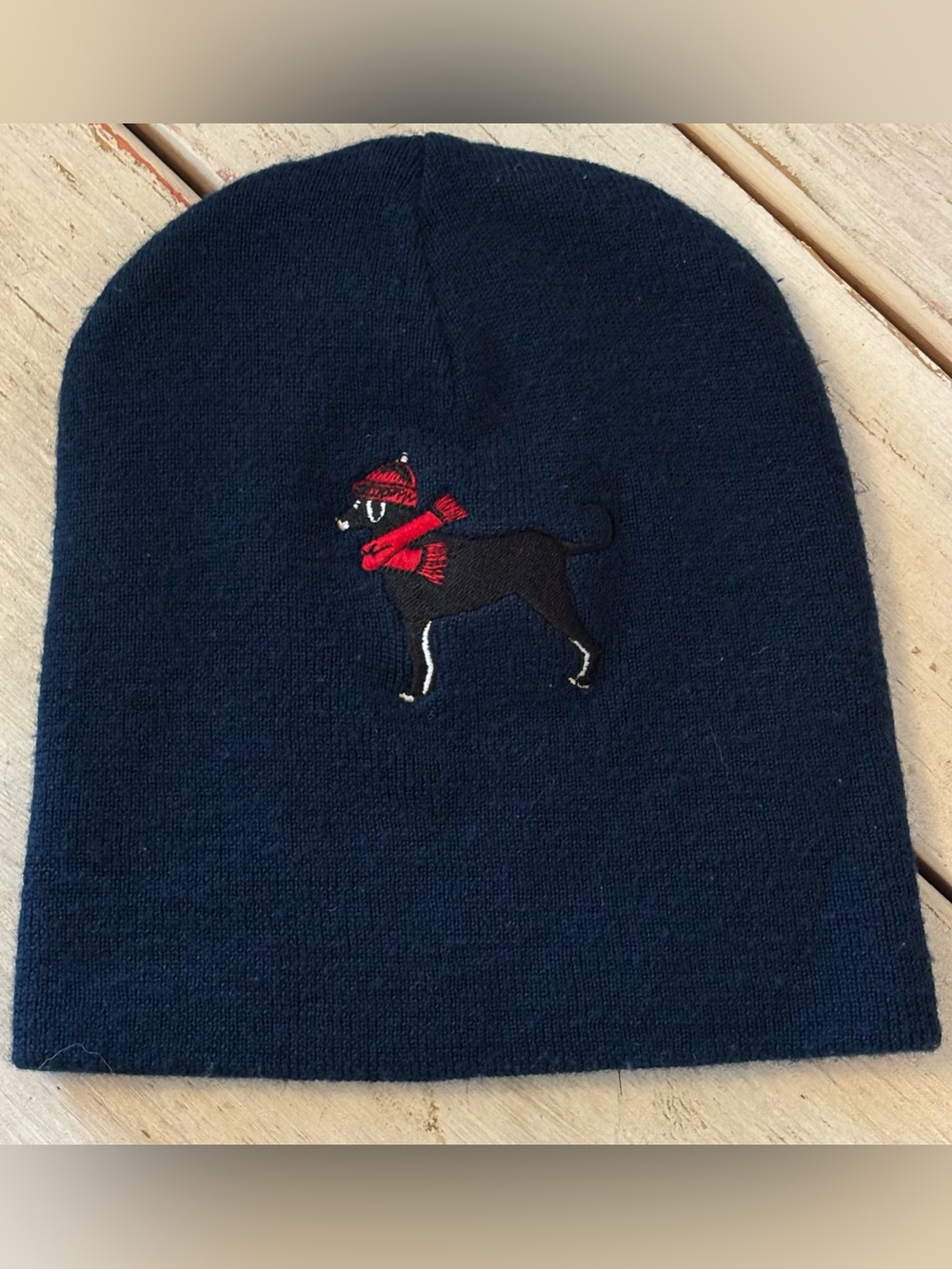 The Black Dog Navy Knit Beanie Hat Embroidered Dog Red Scarf Wool Blend OSFM